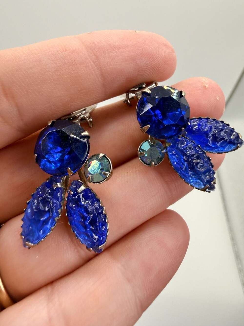 Vintage Blue Rhinestone Molded Glass Clip On Earrings